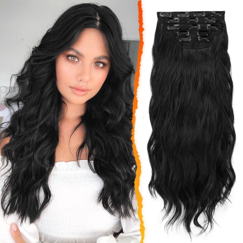 BARSDAR 18 Inch Wavy Clip in Hair Extensions  5PCS Thick Soft Synthetic Hairpieces  Natural Black Full Head Clip in Hair Extensions for Women  Long Voluminous Easy Wear for Daily Party Halloween